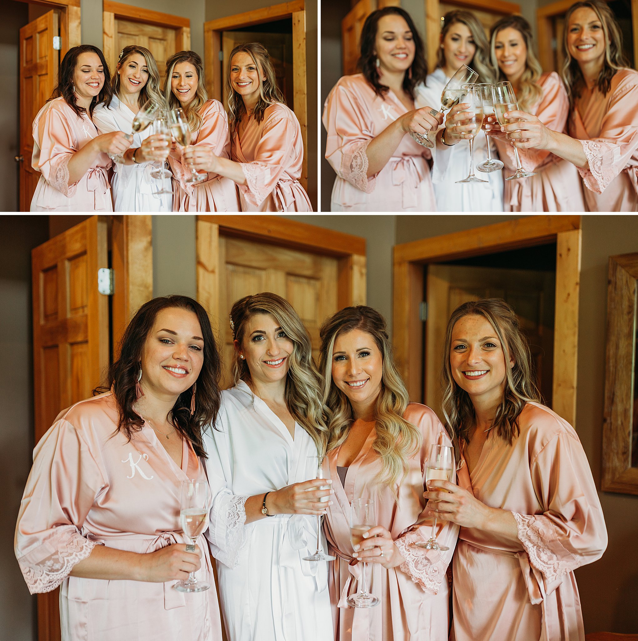 bridesmaids getting ready photos with matching robes and champagne.