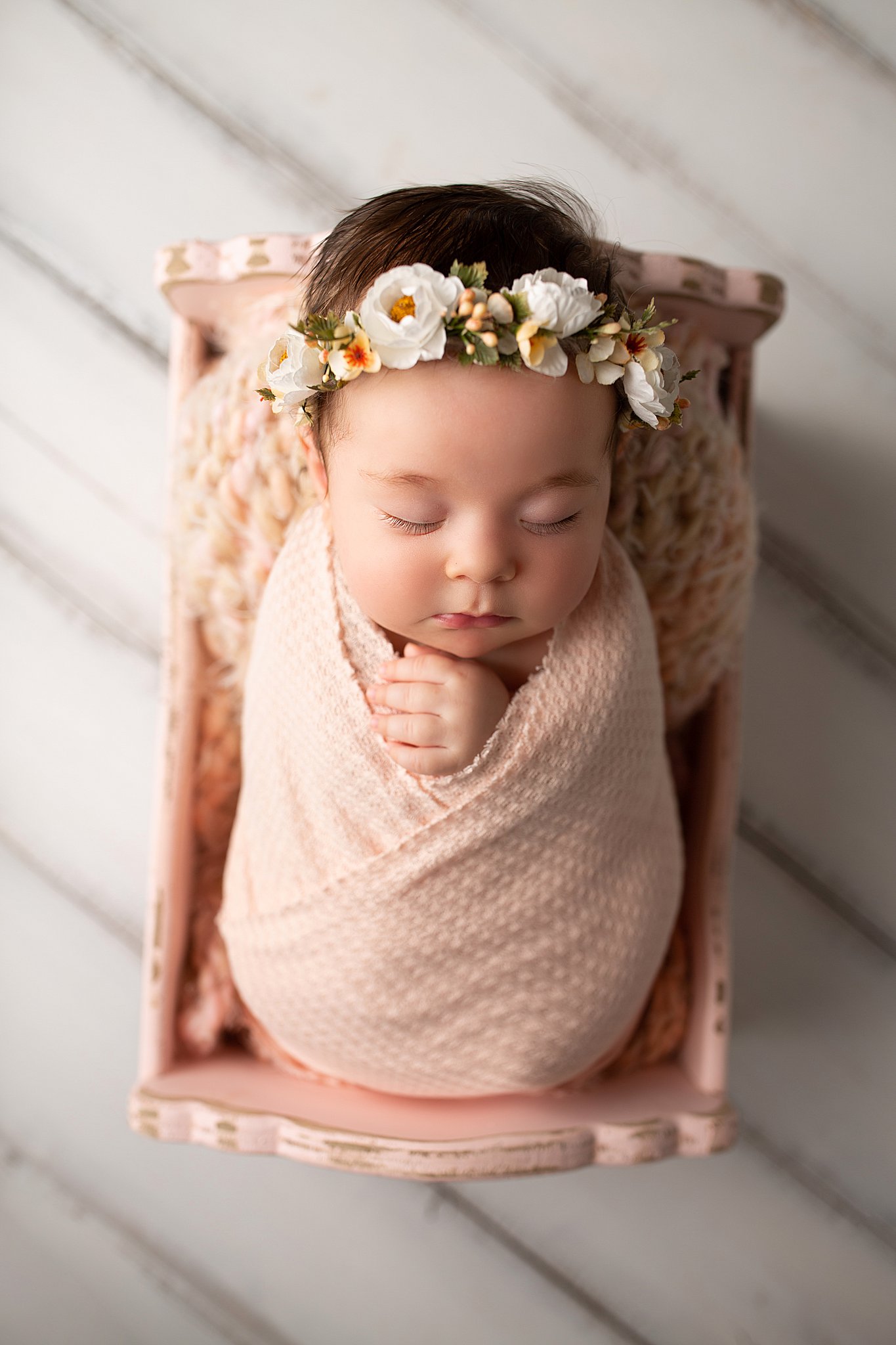 Baby girl newborn photography, older newborn, pink colours setup with flower crown