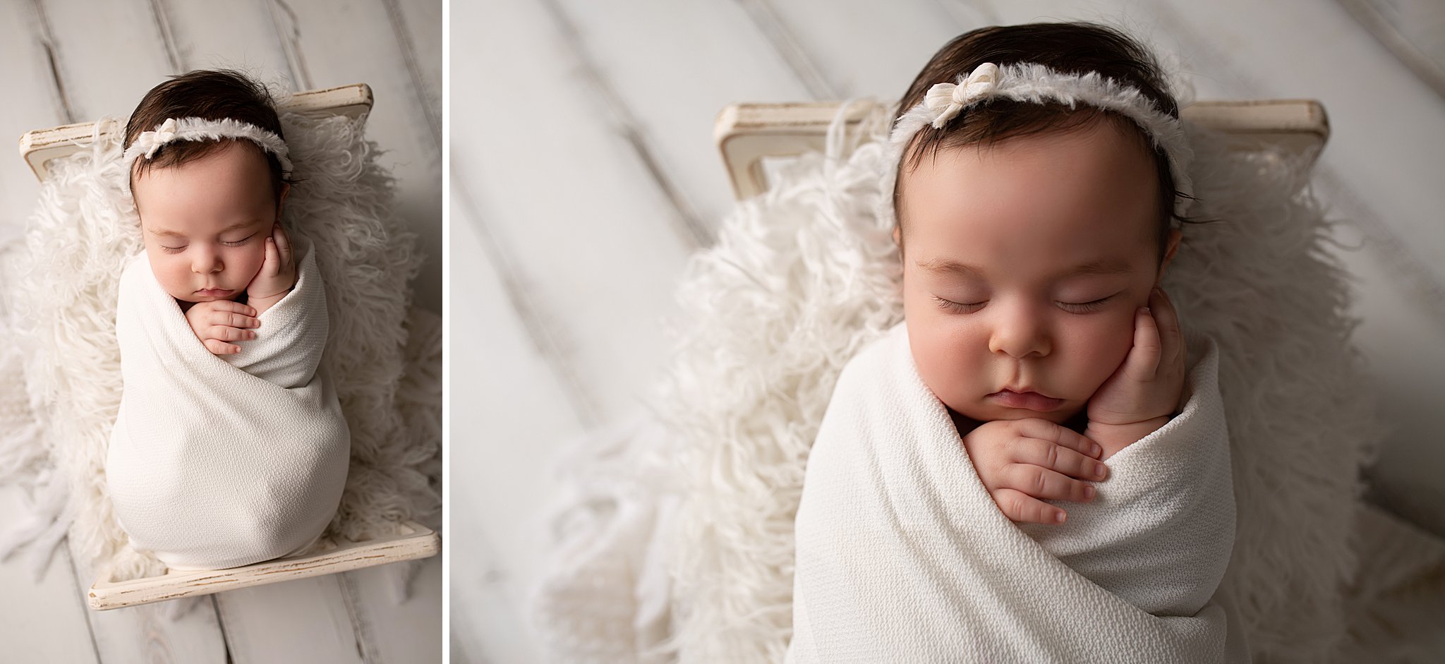 newborn studio photography baby girl white bed setup