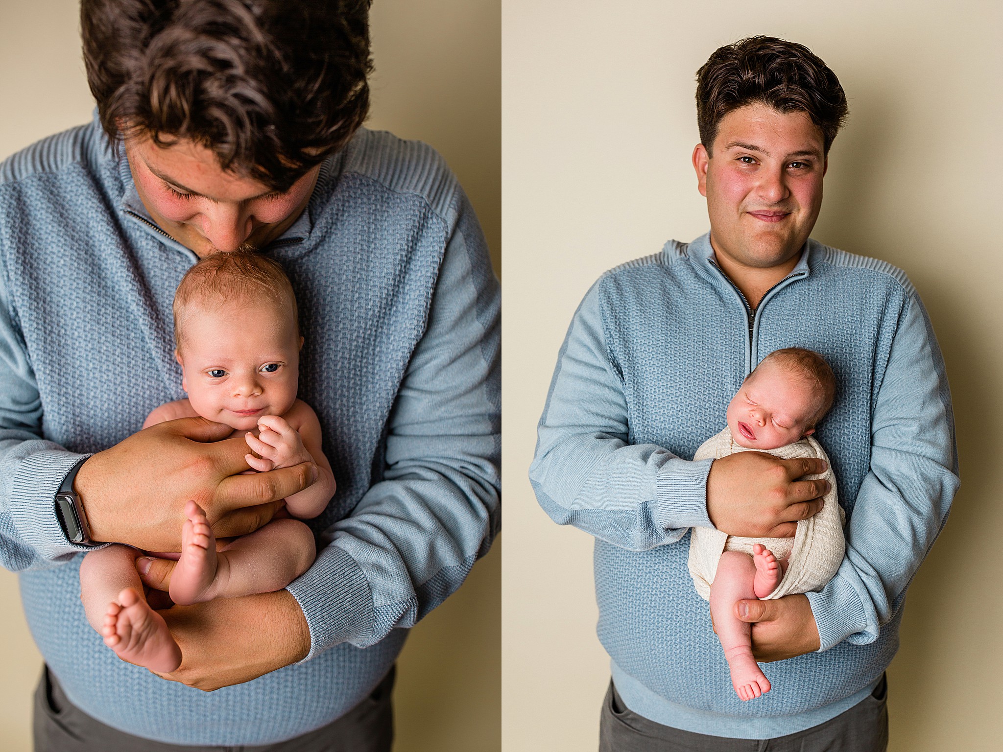 newborn baby boy pose in dads arms