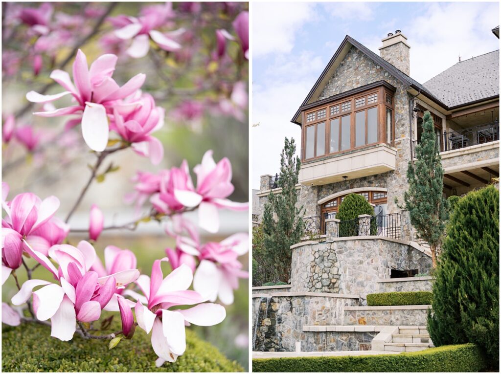 Photos of pink magnolia blossoms and the stone architecture of Chateau Okanagan