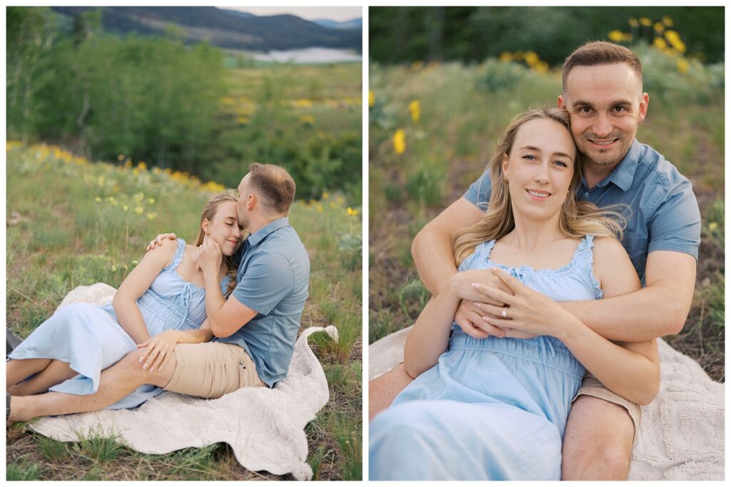 A couple during their Kamloops balsamroot engagement session.