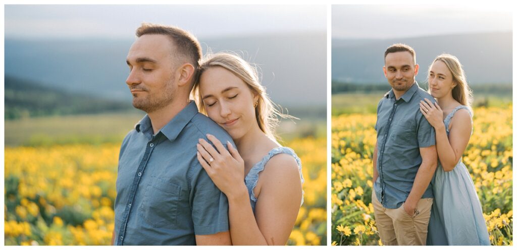 A couple during their Kamloops balsamroot engagement session.