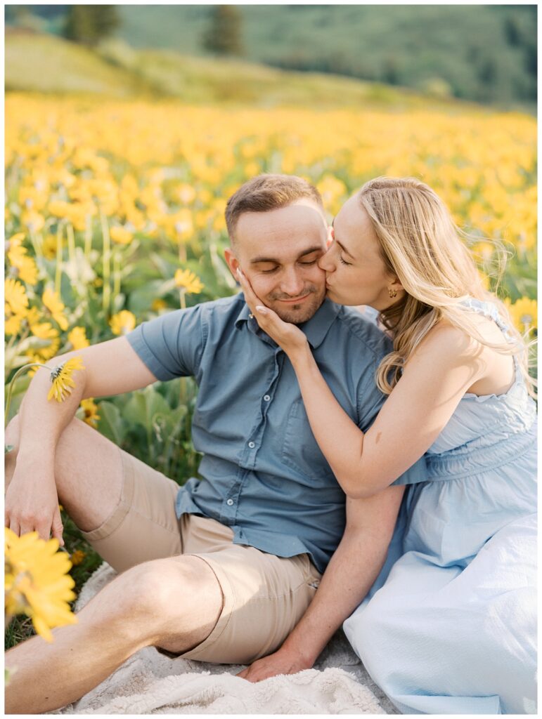 A couple during their Kamloops balsamroot engagement session.