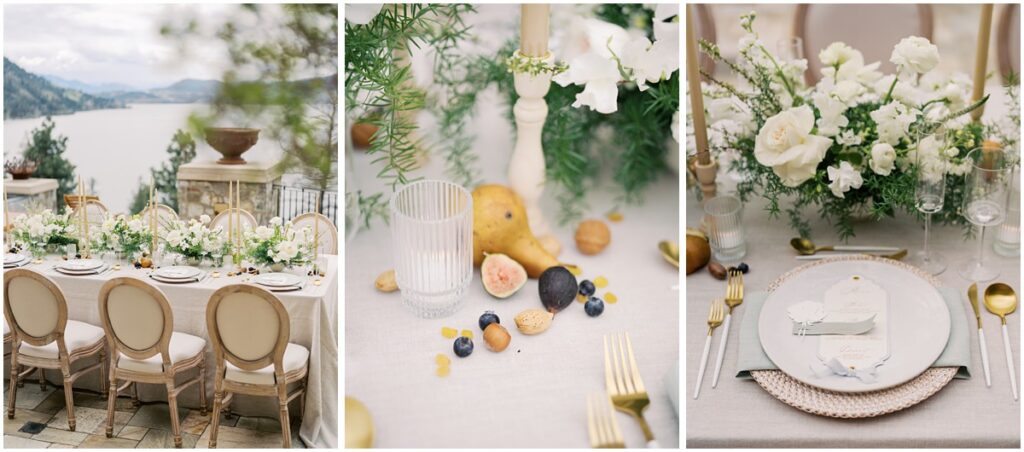 A wedding table set up with candles and florals at Chateau Okanagan