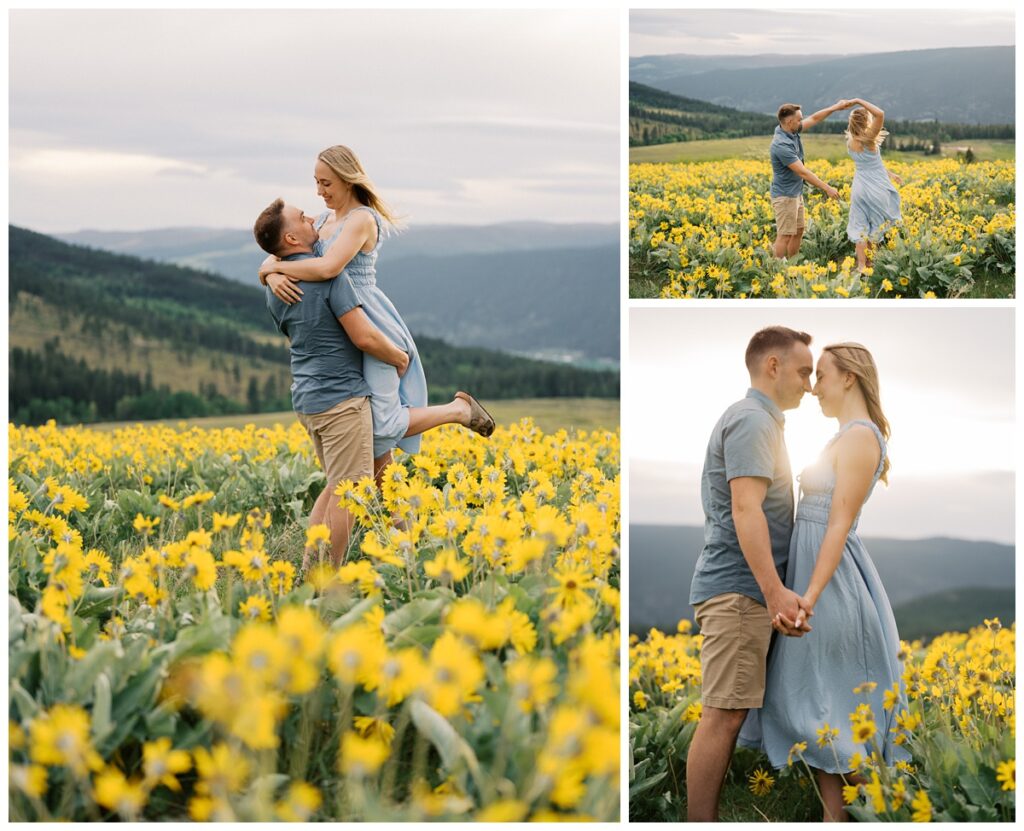 A couple during their Kamloops balsamroot engagement session.