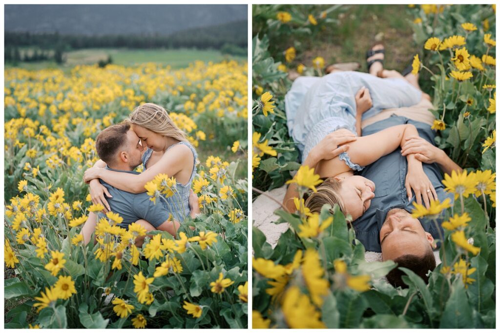 A couple during their Kamloops balsamroot engagement session.