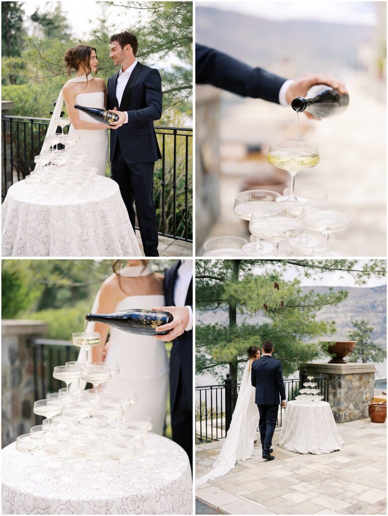 A bride and groom pose for photos for a European inspired wedding editorial at Chateau Okanagan.