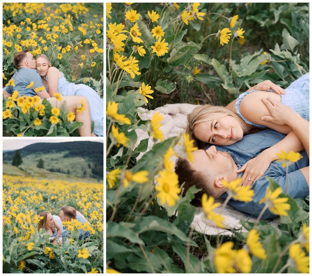A couple during their Kamloops balsamroot engagement session.