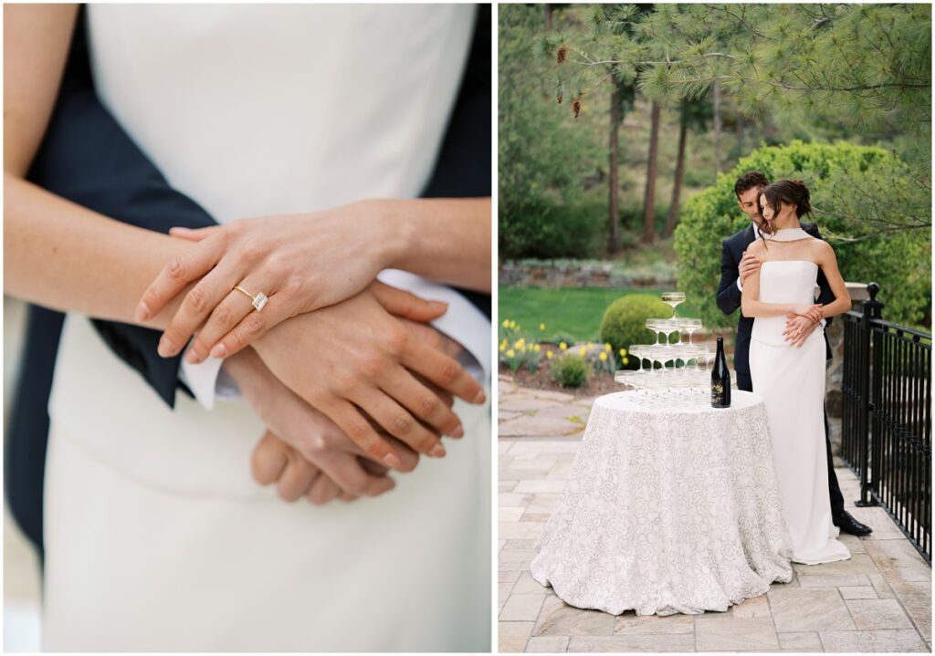 A bride and groom pose for photos for a European inspired wedding editorial at Chateau Okanagan.