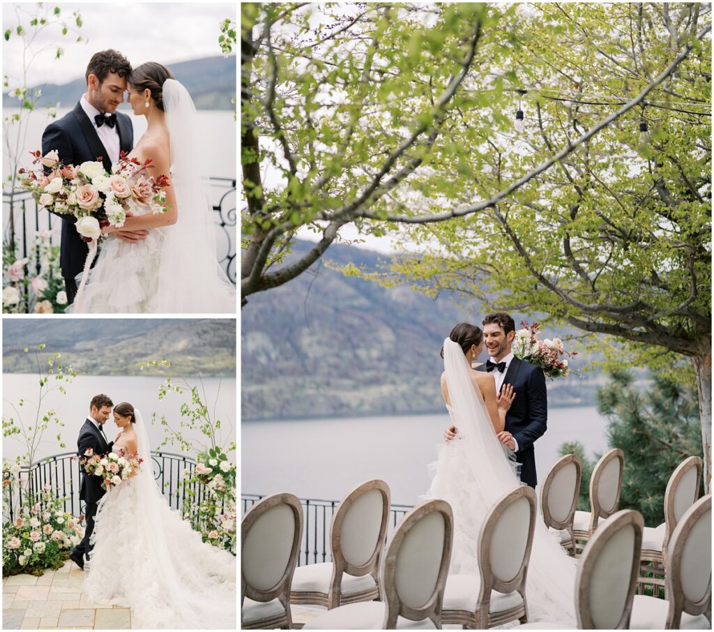 A bride and groom embrace each other in front of Lake Okanagan