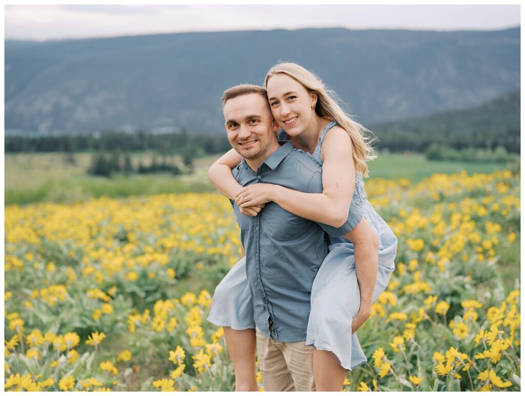 A couple during their Kamloops balsamroot engagement session.