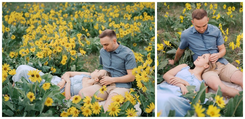 A couple during their Kamloops balsamroot engagement session.