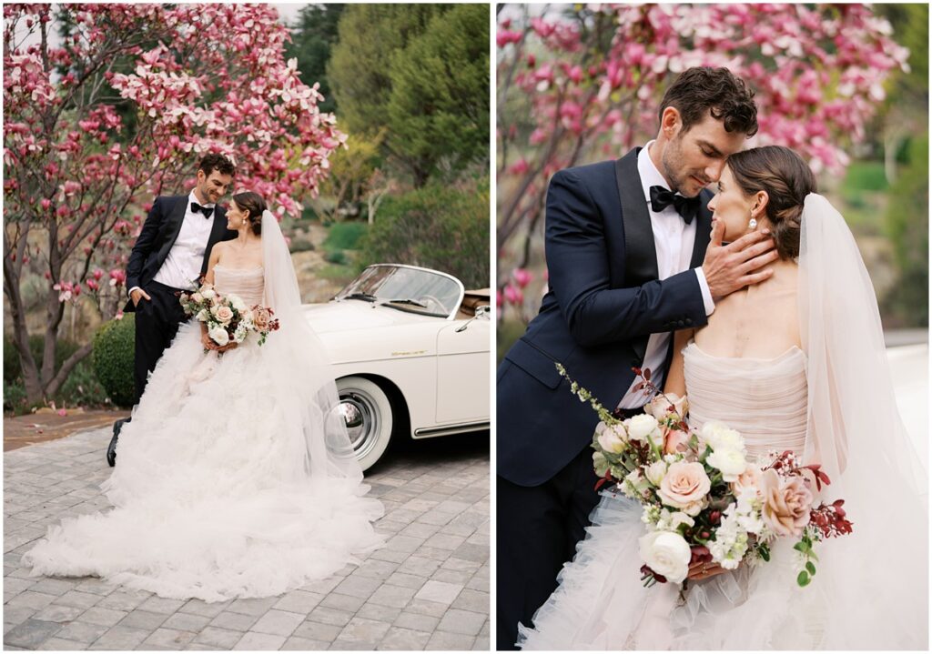 A bride and groom embrace in front of a vintage car for a European Inspired wedding editorial at Chateau Okanagan.