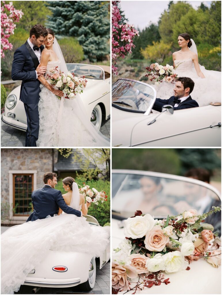 A bride and groom embrace in front of a vintage car for a European Inspired wedding editorial at Chateau Okanagan.