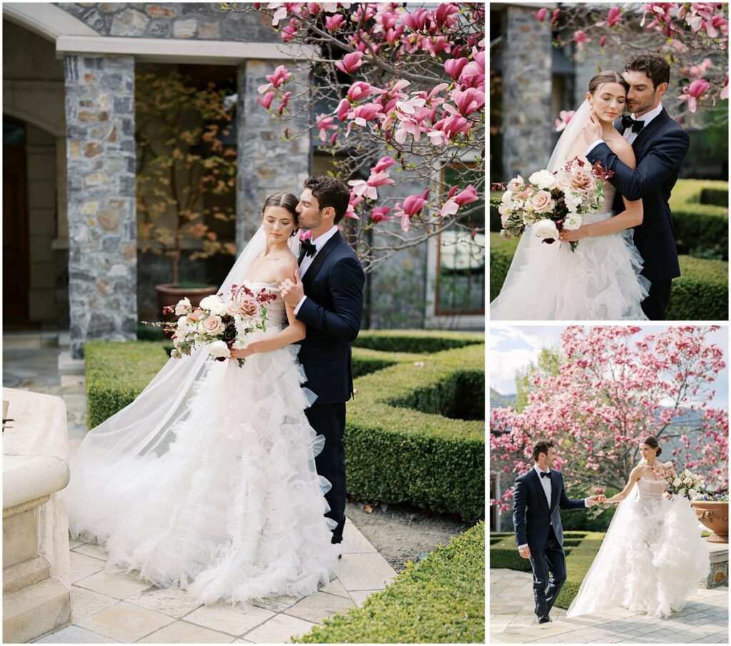 A bride and groom pose for photos for a European inspired wedding editorial at Chateau Okanagan.